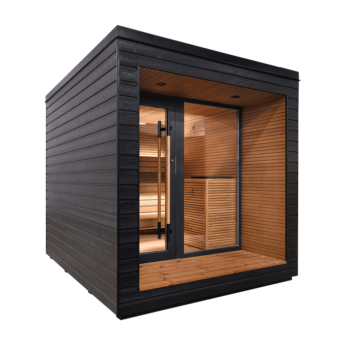 Outdoor barrel sauna in backyard