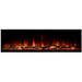 A rectangular electric fireplace with glowing flames and burning logs.