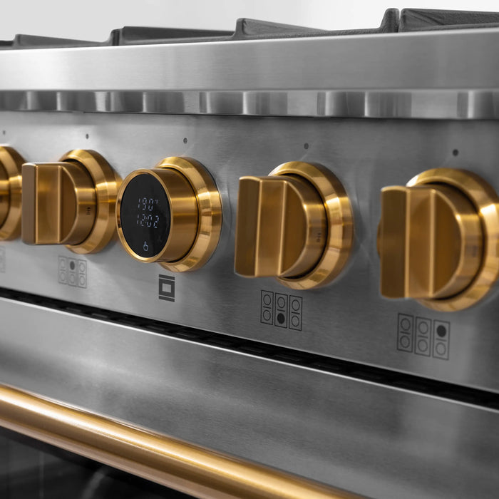 Kucht Horus 36-Inch Dual Fuel Range with 5.2 cu. ft. Electric Oven and 6 Gas Burners in Stainless Steel with Gold Accents and Digital Thermostat (KXP36-GL)