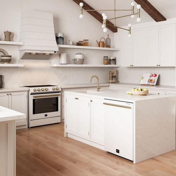 FORNO Espresso Package - 30" Induction Range, Range Hood, 36" Refrigerator with Ice Maker and Dishwasher in White with Antique Brass Handles
