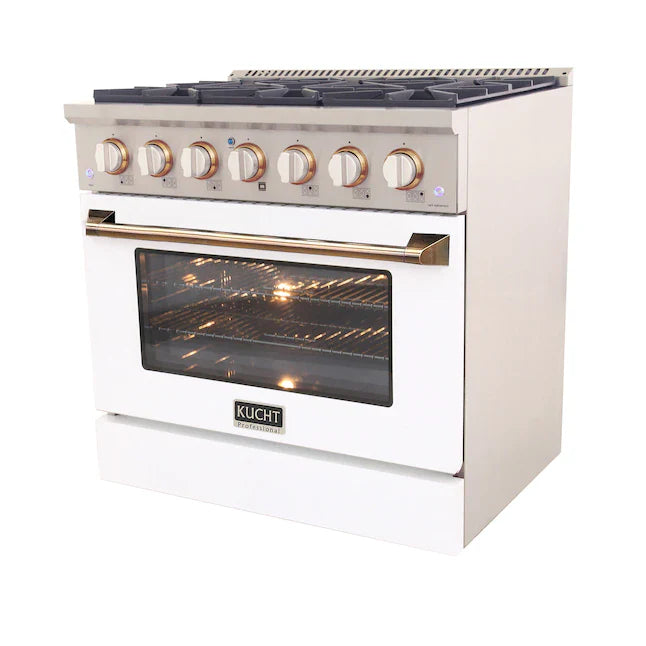 Kucht Series 36-Inch Pro-Style Dual Fuel Range in White Oven Door & Gold Accents (KDF362-W-GOLD)