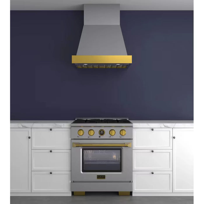 Kucht 30-Inch 600 CFM Ducted Wall Mout Range Hood in Dark Titanium Stainless Steel with Gold Accents (KRH30TG)