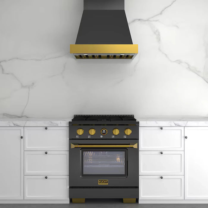 Kucht 30-Inch 900 CFM Ducted Wall Mount Range Hood in Dark Titanium Stainless Steel with Gold Accents (KRHG300-GL-C)