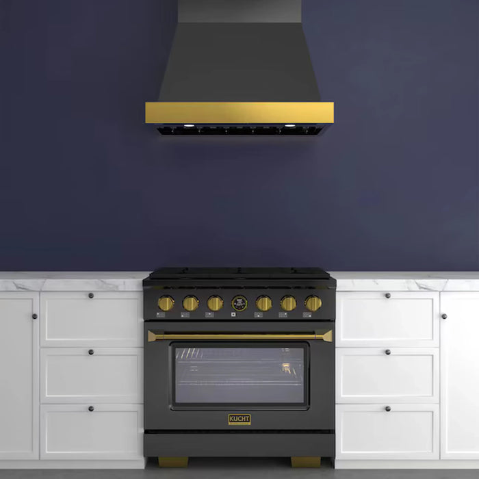 Kucht 36-Inch 600 CFM Wall Mount Range Hood in Dark Titanium Stainless Steel with Gold Accents (KRH36TG)