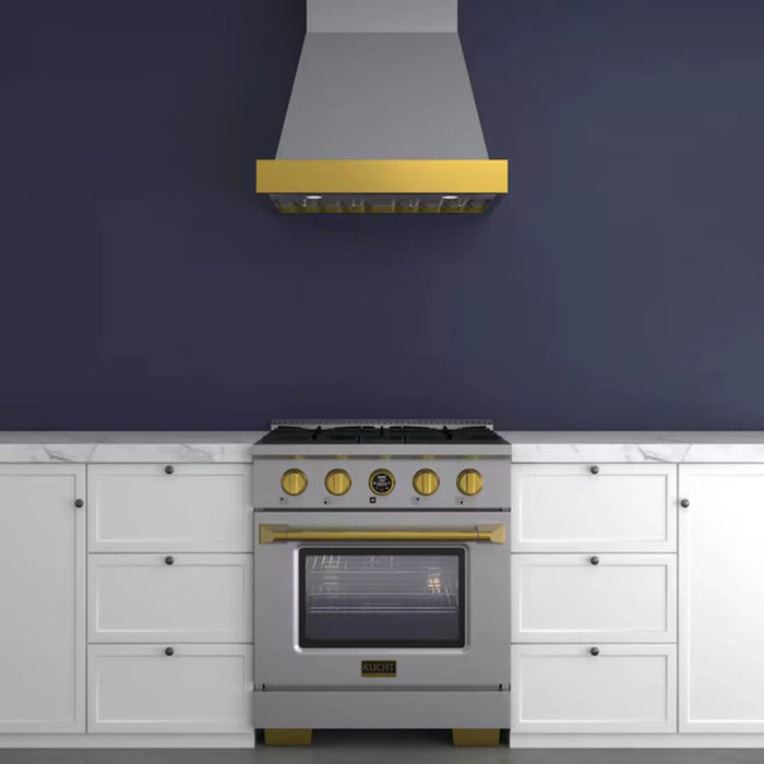 Kucht 30-Inch 600 CFM Ducted Wall Mout Range Hood in Stainless Steel with Gold Accents (KRH30SG)