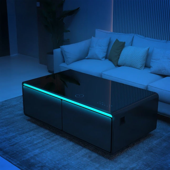 FORNO Evoluto  51" Smart Coffee Table – Dual Fridge Drawers, Bluetooth Audio, Wireless Charging, RGB Light in Black, FCTFR7006-51BLK