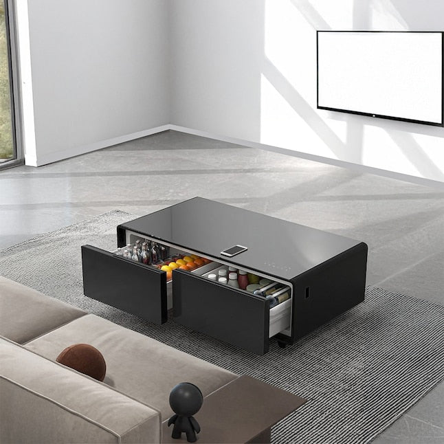 FORNO Evoluto  51" Smart Coffee Table – Dual Fridge Drawers, Bluetooth Audio, Wireless Charging, RGB Light in Black, FCTFR7006-51BLK