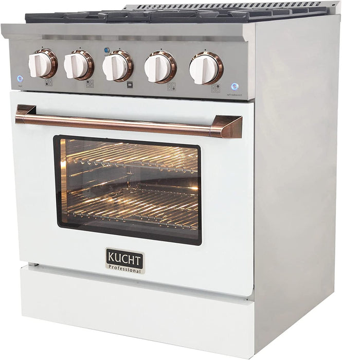 Kucht Signature 30-Inch  Gas Range in White with White Knobs & Rose Gold Handle (KNG301-W-ROSE)