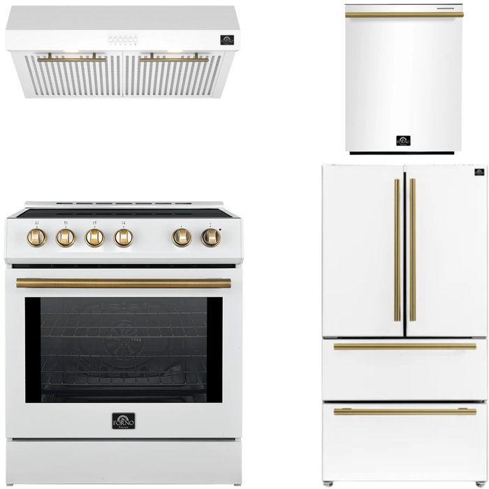 FORNO Espresso Package - 30" Induction Range, Range Hood, 36" Refrigerator with Ice Maker and Dishwasher in White with Antique Brass Handles