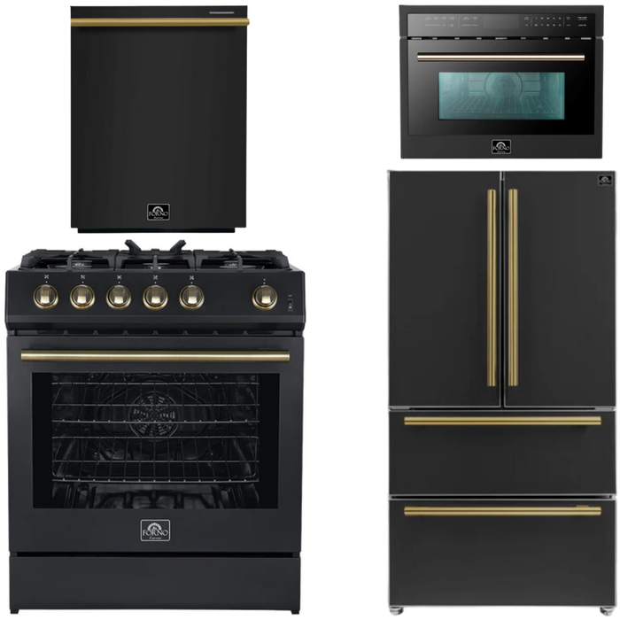 FORNO Espresso Package - 30" Gas Range, 36" Refrigerator with Ice Maker, Dishwasher and 24" Microwave Oven in Black with Antique Brass Accents