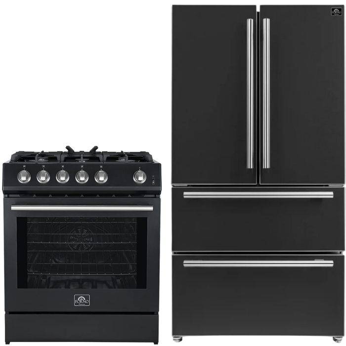 FORNO Espresso Package - 30" Gas Range and 36" Refrigerator with Ice Maker in Black with Silver Accents