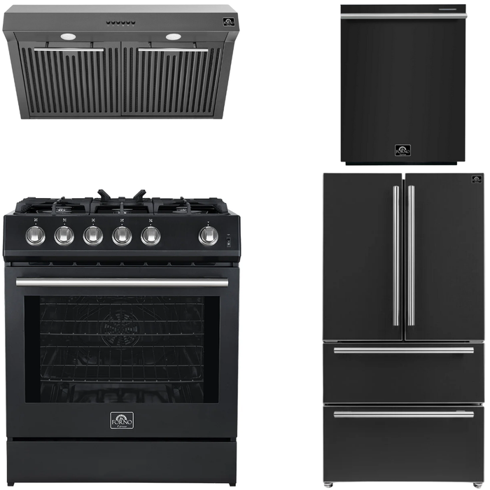 FORNO Espresso Package - 30" Gas Range, Range Hood, 36" Refrigerator with Ice Maker and Dishwasher in Black with Silver Accents