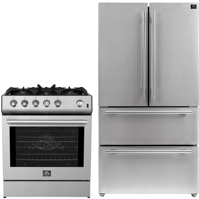 FORNO Espresso Package - 30" Gas Range and 36" Refrigerator with Ice Maker in Stainless Steel