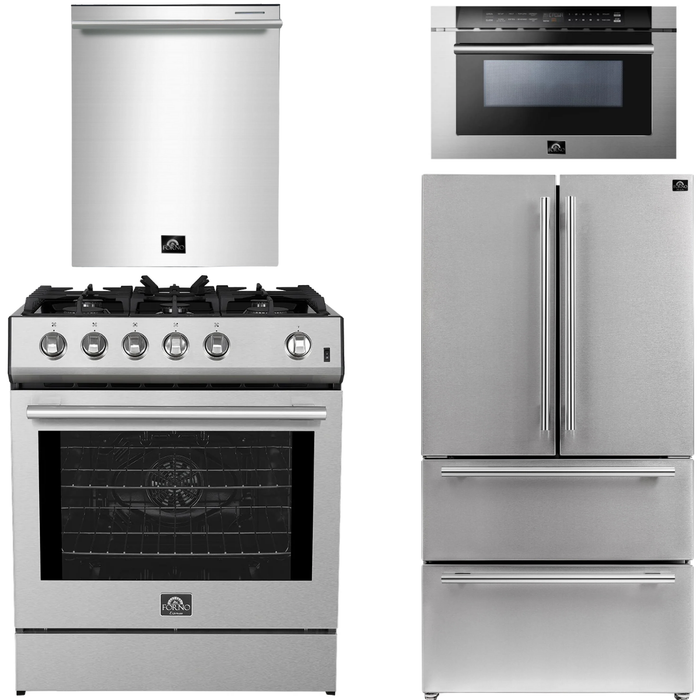 FORNO Espresso Package - 30" Gas Range, 36" Refrigerator with Ice Maker, Dishwasher and 24" Microwave Drawer in Stainless Steel
