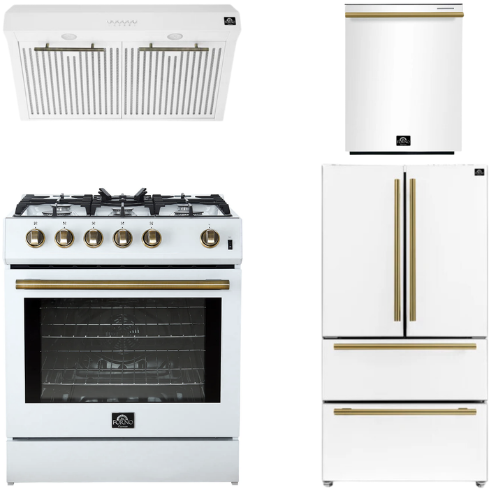 FORNO Espresso Package - 30" Gas Range, Range Hood, 36" Refrigerator with Ice Maker and Dishwasher in White with Antique Brass Accents