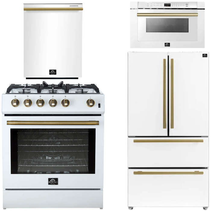 FORNO Espresso Package - 30" Gas Range, 36" Refrigerator with Ice Maker, Dishwasher and 24" Microwave Drawer in White with Antique Brass Accents