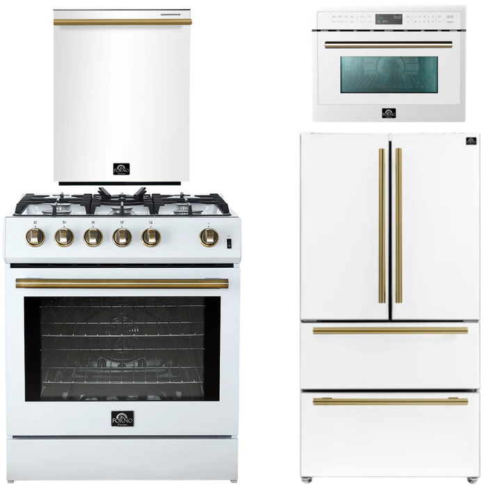 FORNO Espresso Package - 30" Gas Range, 36" Refrigerator with Ice Maker, Dishwasher and 24" Microwave Oven in White with Antique Brass Accents