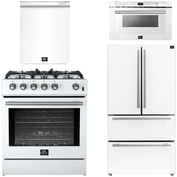 FORNO Espresso Package - 30" Gas Range, 36" Refrigerator with Ice Maker, Dishwasher and 24" Microwave Drawer in White with Silver Accents