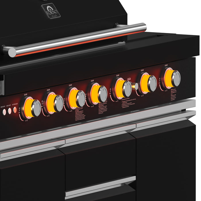 FORNO All’Aperto Outdoor Kitchen - 87,600 BTU BBQ with 4 Stainless-Steel Burners with Infrared Burners & Side Burner, Sink Module with Black Sintered Stone Countertops, Gaz Pizza Oven, Bar & Beverage Center