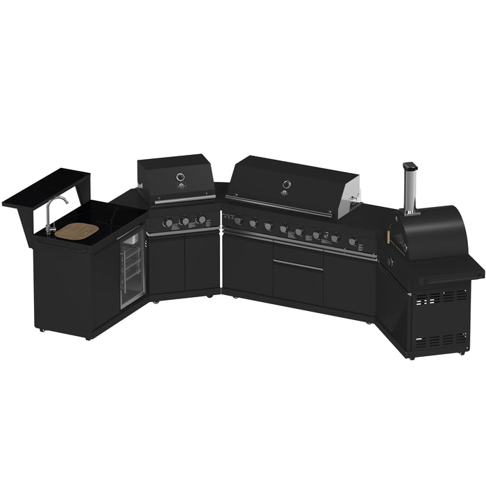 FORNO All’Aperto Outdoor Kitchen - 99,600 BTU BBQ with 5 Stainless-Steel Burners, Infrared Burners & Side Burner, 36,000 BTU Plancha, 19,000 BTU Gas Pizza Oven, Sink & Bar Module with Black Sintered Stone Countertops