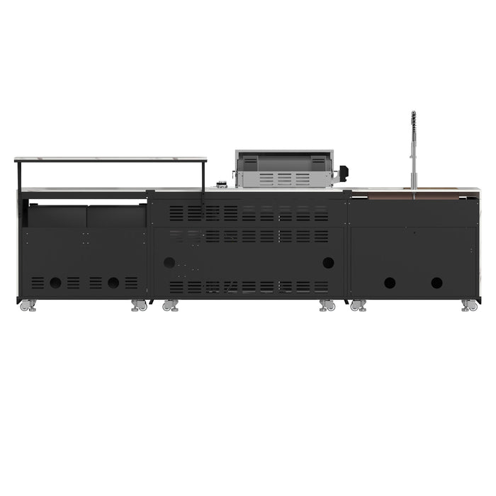 Forno Rimini Outdoor Kitchen - 30" BBQ, 62,600 BTU, 3 Burners with Sear & Rotisserie, 4.8 cu.ft. Beverage Center, Stainless Steel Double Sink, Black Cabinets & White Sintered Stone Countertops