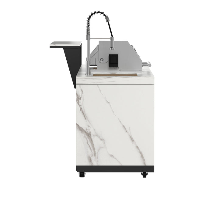 Forno Rimini Outdoor Kitchen - 30" BBQ, 62,600 BTU, 3 Burners with Sear & Rotisserie, 4.8 cu.ft. Beverage Center, Stainless Steel Double Sink, Black Cabinets & White Sintered Stone Countertops