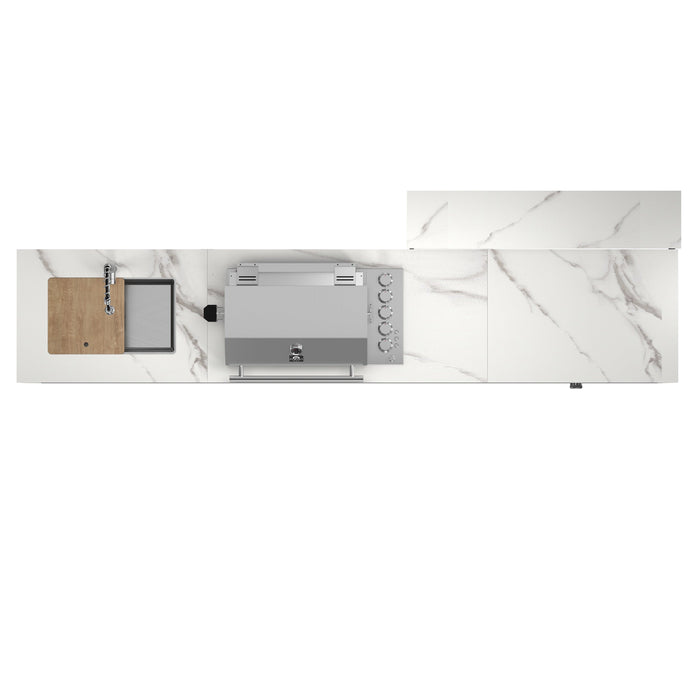 Forno Rimini Outdoor Kitchen - 30" BBQ, 62,600 BTU, 3 Burners with Sear & Rotisserie, 4.8 cu.ft. Beverage Center, Stainless Steel Double Sink, Black Cabinets & White Sintered Stone Countertops