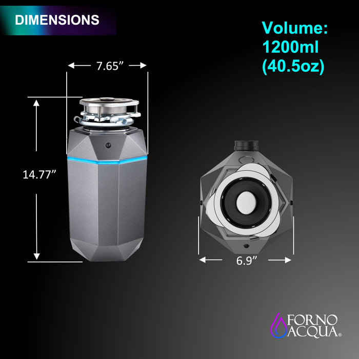 FORNO ACQUA BrightDiamond Black Onyx 1 HP Ultra-Quiet Garbage Disposal with Motion Sensor Light & Pre-Wired Air Switch