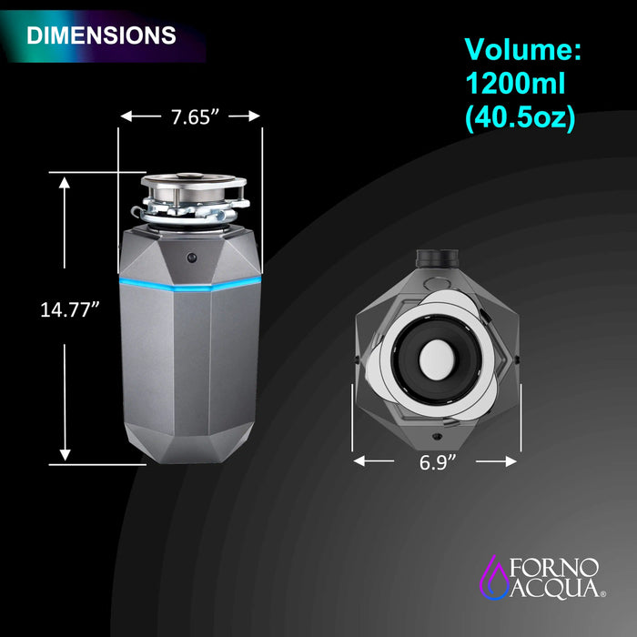 Forno Acqua BrightDiamond Black Onyx 1HP Super Quiet Garbage Disposal Corded with Motion Sensor Cabinet Light & Pre-Wired Air Switch (WDD100TA1BO)