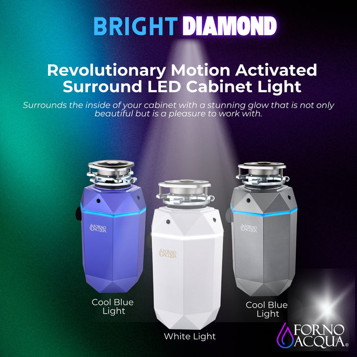 FORNO ACQUA BrightDiamond Black Onyx 1 HP Ultra-Quiet Garbage Disposal with Motion Sensor Light & Pre-Wired Air Switch