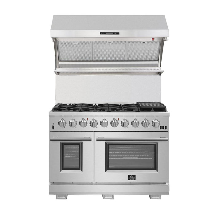 FORNO Package - 48 Inch Dual Fuel Range, Wall Mount Range Hood, Refrigerator, Microwave Drawer, Dishwasher, AP-FFSGS6156-48-8