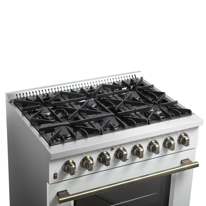 FORNO Galiano 36" 5.36 cu. ft. Dual Fuel Range with 6 Sealed Burners in White with Antique Brass Accents, FFSGS6156-36WHT