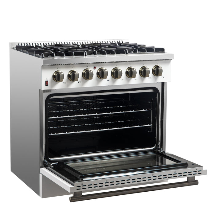 FORNO Galiano 36" 5.36 cu. ft. Dual Fuel Range with 6 Sealed Burners in White with Antique Brass Accents, FFSGS6156-36WHT