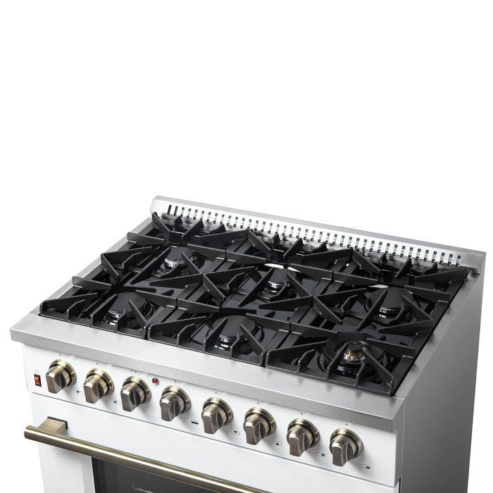 FORNO Galiano 36" 5.36 cu. ft. Dual Fuel Range with 6 Sealed Burners in White with Antique Brass Accents, FFSGS6156-36WHT
