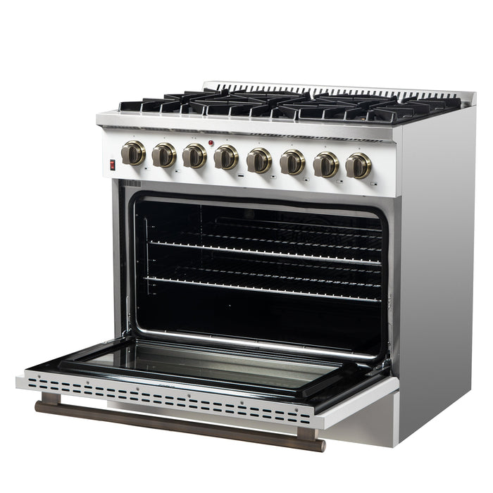 FORNO Galiano 36" 5.36 cu. ft. Dual Fuel Range with 6 Sealed Burners in White with Antique Brass Accents, FFSGS6156-36WHT