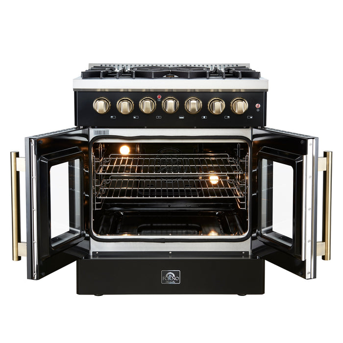FORNO Galiano 30" 4.32 cu. ft. French Door Dual Fuel Range with 5 Sealed Burners in Black with Antique Brass Accents, FFSGS6356-30BLK