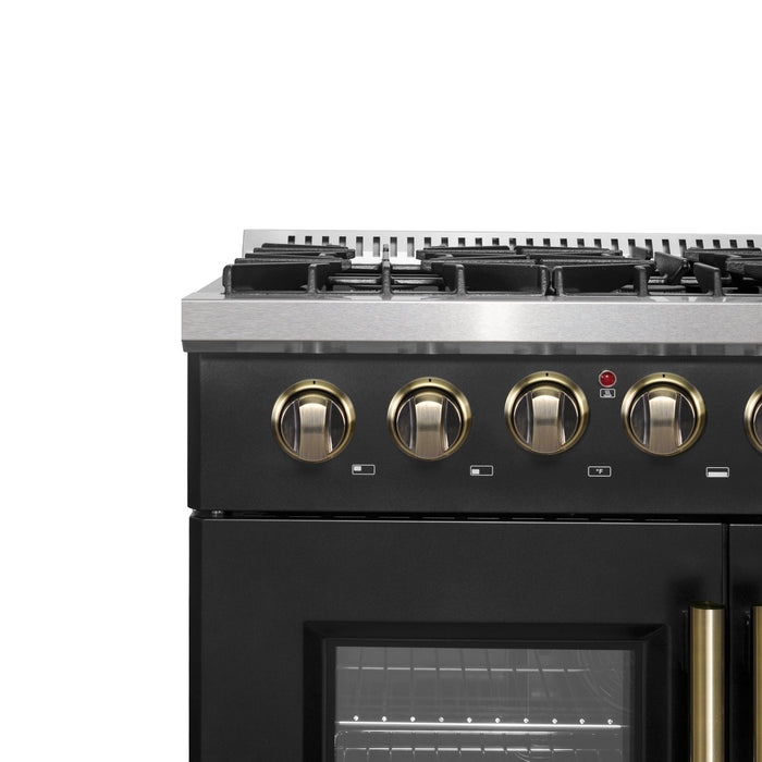 FORNO Galiano 36" 5.36 cu. ft. French Door Dual Fuel Range with 6 Sealed Burners in Black with Antique Brass Accents, FFSGS6356-36BLK