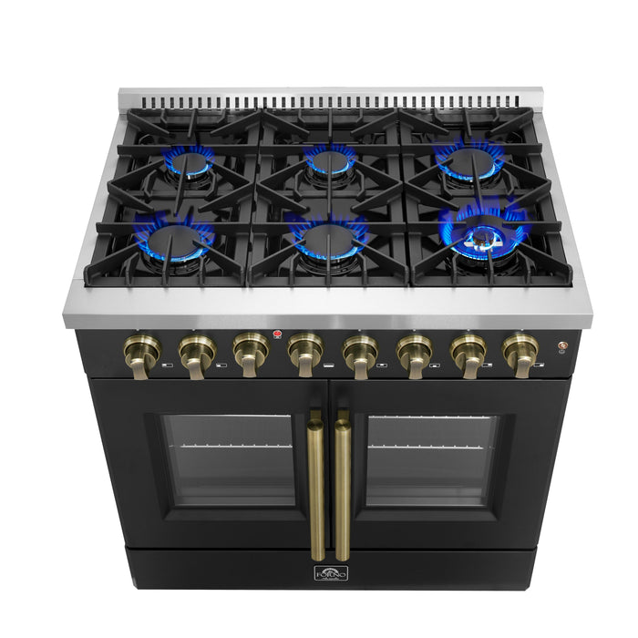 FORNO Galiano 36" 5.36 cu. ft. French Door Dual Fuel Range with 6 Sealed Burners in Black with Antique Brass Accents, FFSGS6356-36BLK