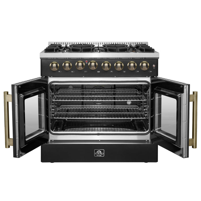 FORNO Galiano 36" 5.36 cu. ft. French Door Dual Fuel Range with 6 Sealed Burners in Black with Antique Brass Accents, FFSGS6356-36BLK