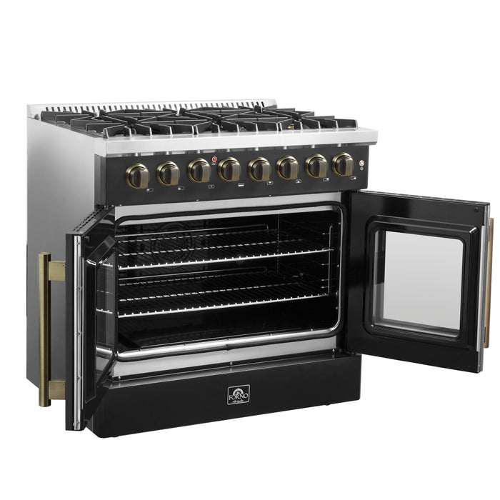 FORNO Galiano 36" 5.36 cu. ft. French Door Dual Fuel Range with 6 Sealed Burners in Black with Antique Brass Accents, FFSGS6356-36BLK