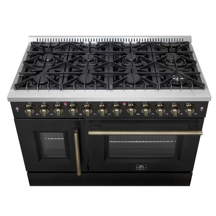 FORNO Galiano 48" 6.58 cu. ft. French Door Dual Fuel Range with 8 Sealed Burners and Griddle in Black with Antique Brass Accents, FFSGS6356-48BLK