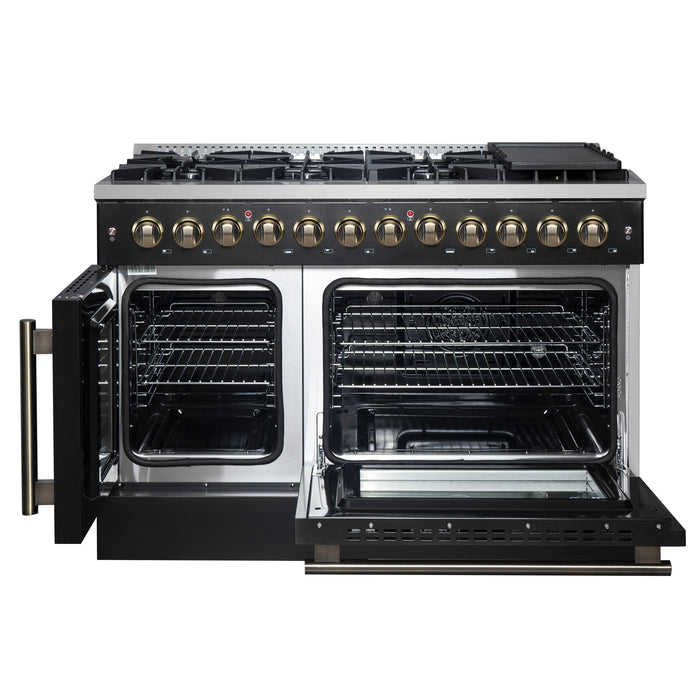 FORNO Galiano 48" 6.58 cu. ft. French Door Dual Fuel Range with 8 Sealed Burners and Griddle in Black with Antique Brass Accents, FFSGS6356-48BLK