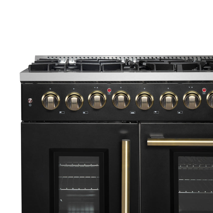 FORNO Galiano 48" 6.58 cu. ft. French Door Dual Fuel Range with 8 Sealed Burners and Griddle in Black with Antique Brass Accents, FFSGS6356-48BLK