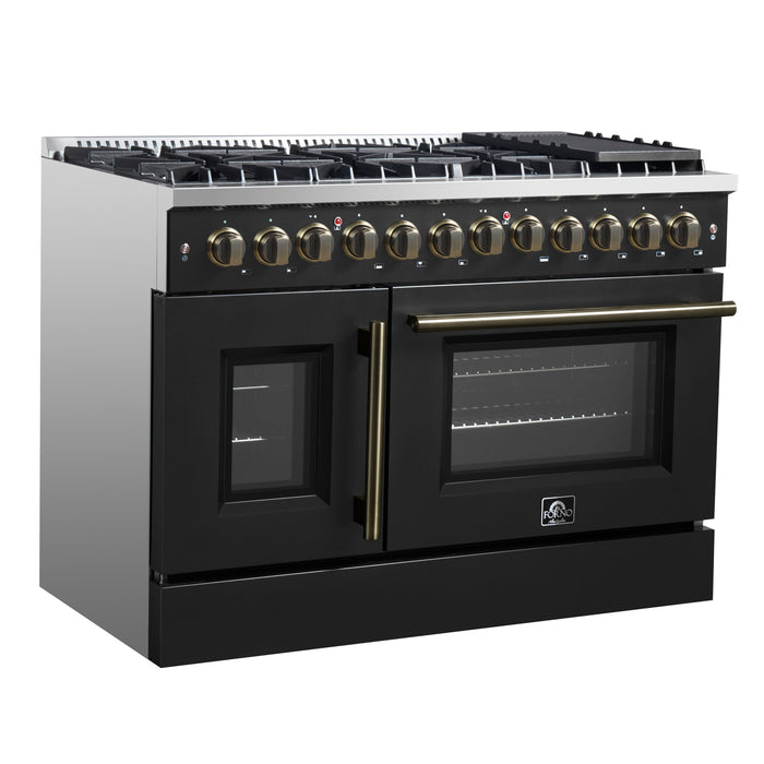 FORNO Galiano 48" 6.58 cu. ft. French Door Dual Fuel Range with 8 Sealed Burners and Griddle in Black with Antique Brass Accents, FFSGS6356-48BLK