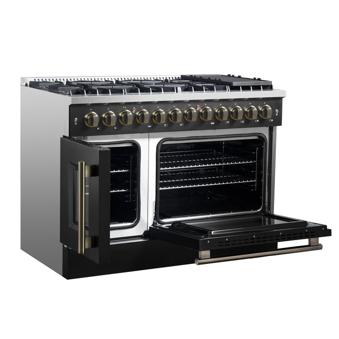 FORNO Galiano 48" 6.58 cu. ft. French Door Dual Fuel Range with 8 Sealed Burners and Griddle in Black with Antique Brass Accents, FFSGS6356-48BLK