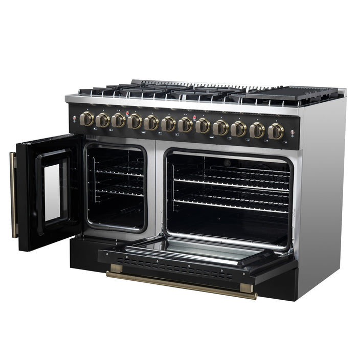 FORNO Galiano 48" 6.58 cu. ft. French Door Dual Fuel Range with 8 Sealed Burners and Griddle in Black with Antique Brass Accents, FFSGS6356-48BLK