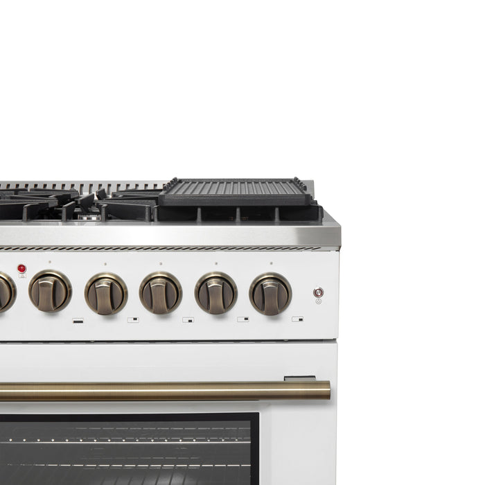 FORNO Galiano 48" 6.58 cu. ft. French Door Dual Fuel Range with 8 Sealed Burners and Griddle in White with Antique Brass Accents, FFSGS6356-48WHT