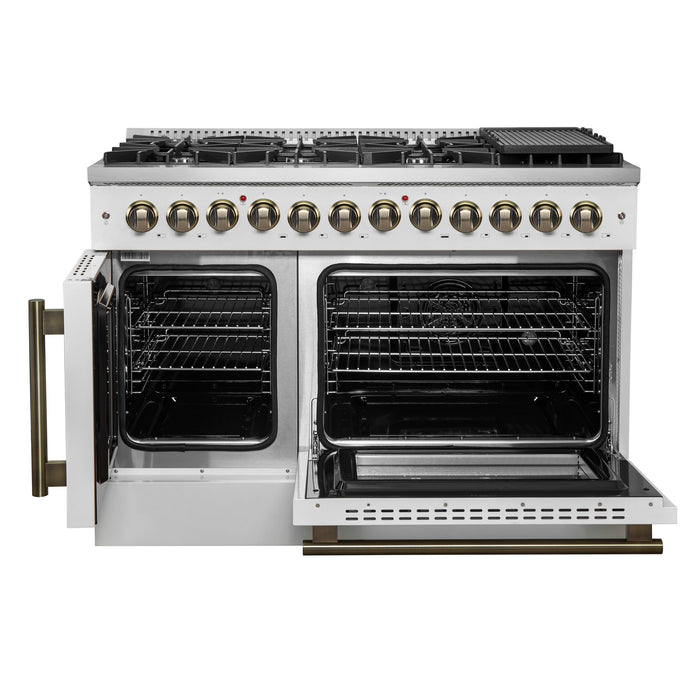 FORNO Galiano 48" 6.58 cu. ft. French Door Dual Fuel Range with 8 Sealed Burners and Griddle in White with Antique Brass Accents, FFSGS6356-48WHT
