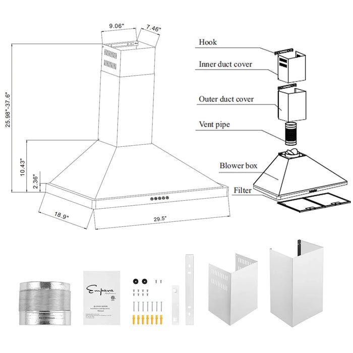 Empava 30-Inch 400 CFM Wall Mount Ducted Range Hood (EMPV-30RH05)