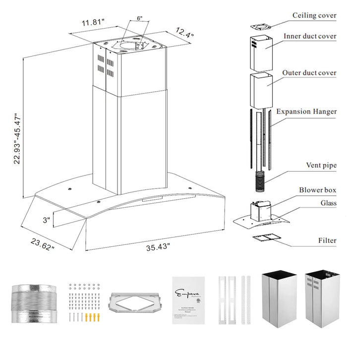 Empava 36-Inch 400 CFM Kitchen Island Wall Mount Ducted Range Hood (EMPV-36RH09)
